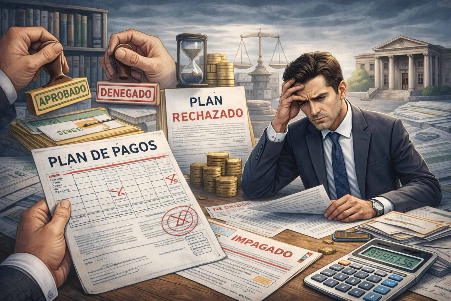 persona revisando un plan de pagos con documentos legales y calculadora en un contexto concursal
