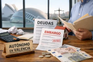 Mesa de trabajo con documentos de deudas y embargo, dinero y calculadora, con Valencia al fondo y simbolo de justicia