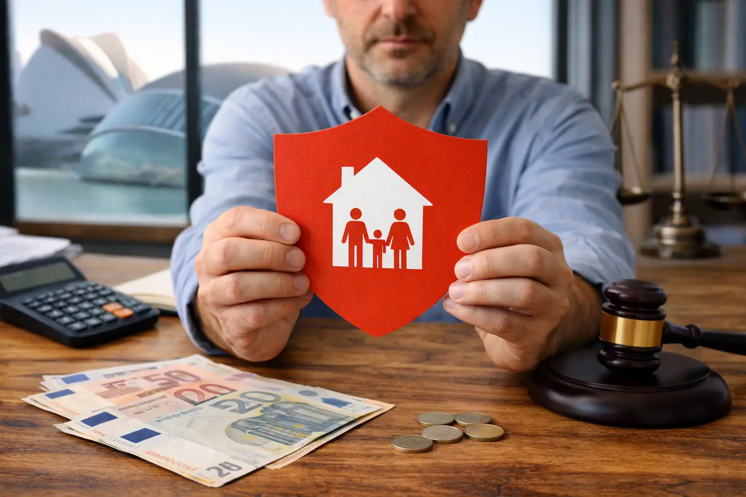 Autonomo sosteniendo un escudo simbolico de proteccion de hogar y familia frente a deudas, con Valencia al fondo