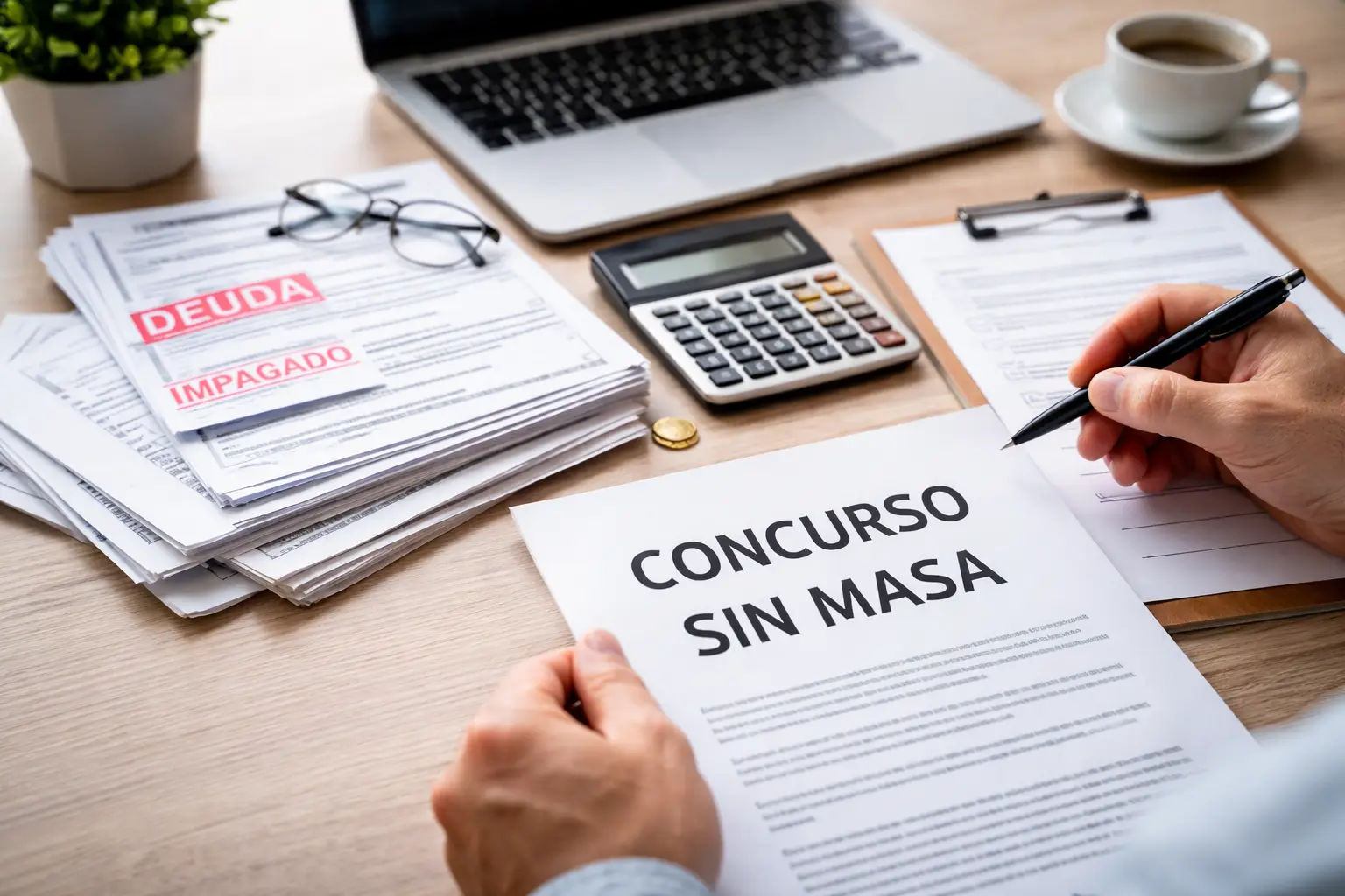 Manos revisando un documento de concurso sin masa junto a facturas impagadas, calculadora y ordenador sobre una mesa.