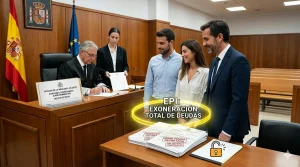 Representacion realista de una pareja en un juzgado de España recibiendo la aprobacion de un concurso sin masa para la exoneracion de deudas EPI con un abogado y un juez.