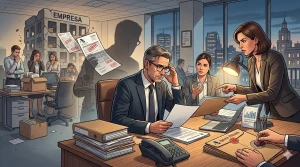 Administrador de empresa preocupado en su oficina mientras recibe notificaciones legales y documentos de deuda, representando la responsabilidad subsidiaria.