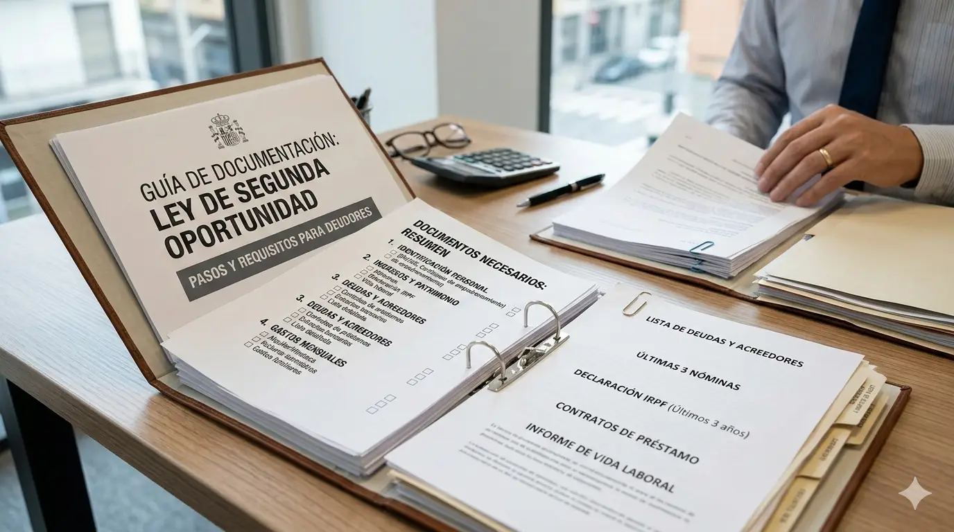 Guia visual de la documentacion necesaria para la Ley de Segunda Oportunidad sobre un escritorio de oficina.
