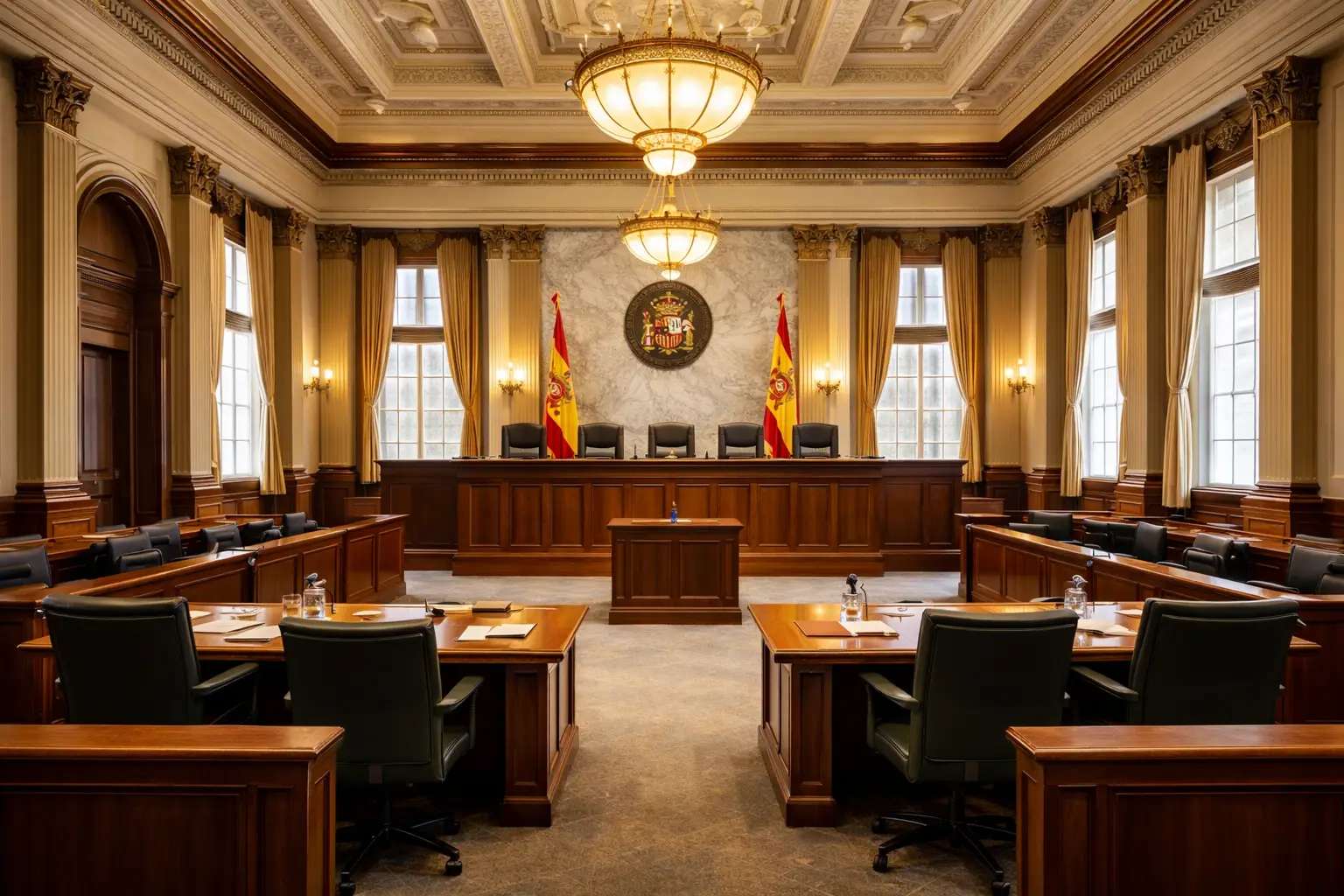 sala de vistas de un juzgado bonito, con mobiliario de madera y luz natural en un entorno elegante