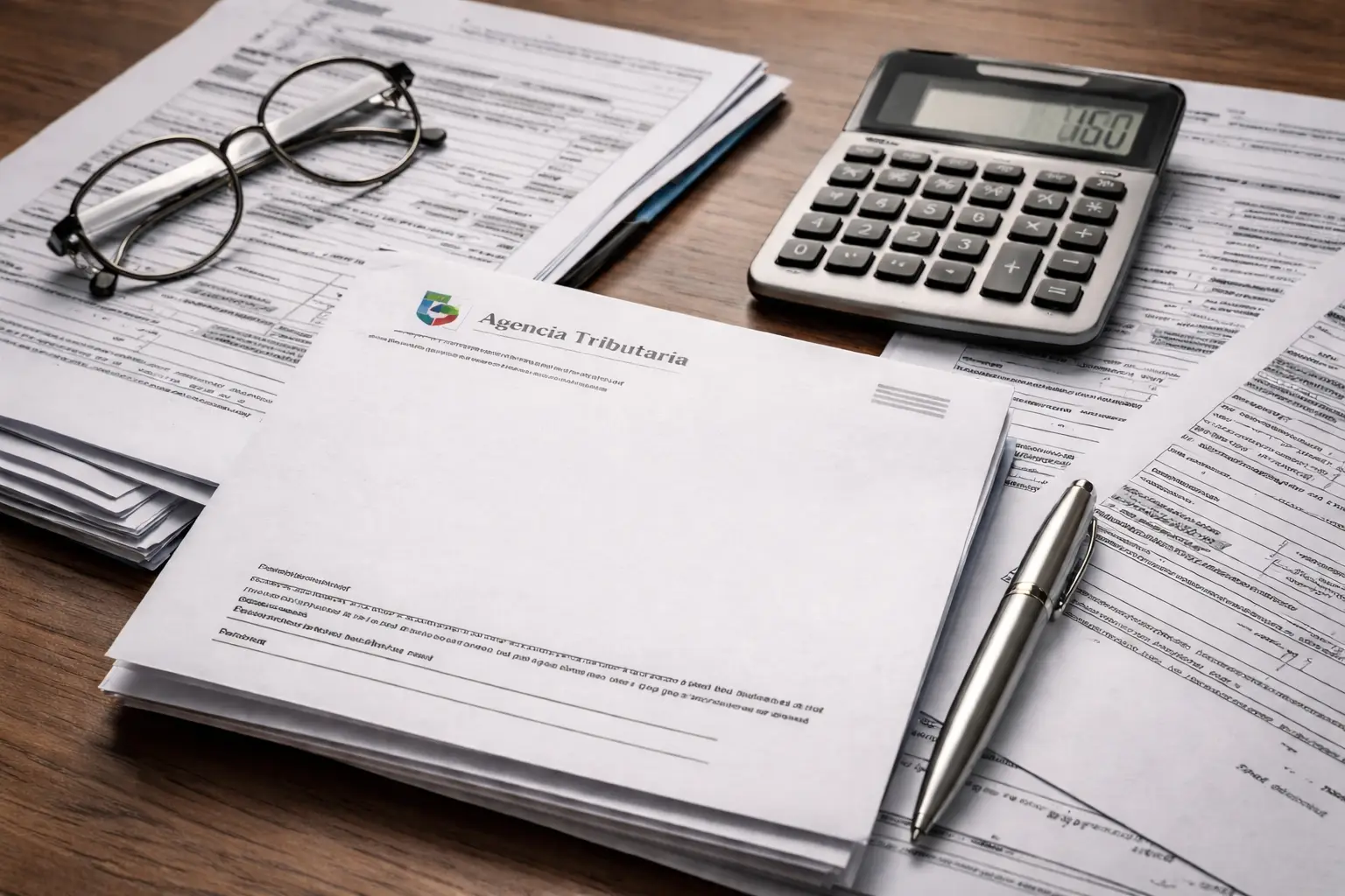 Documentacion fiscal y calculadora sobre mesa de oficina