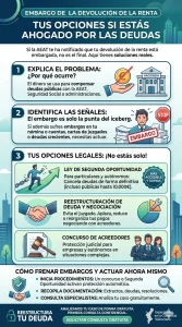 Infografía sobre opciones legales ante el embargo de la devolución de la Renta, incluyendo la Ley de Segunda Oportunidad y reestructuración de deudas por Reestructura tu Deuda.
