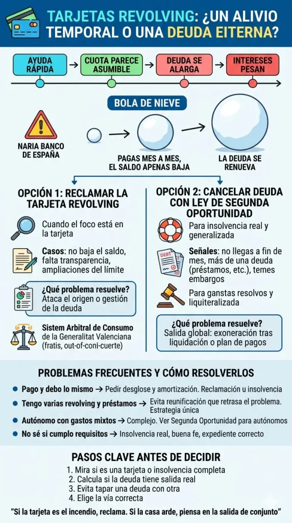 Infografía comparativa sobre tarjetas revolving y la Ley de Segunda Oportunidad. Explica el efecto bola de nieve de las cuotas fijas, cuándo reclamar por falta de transparencia y cuándo recurrir a la exoneración de deudas por insolvencia total.