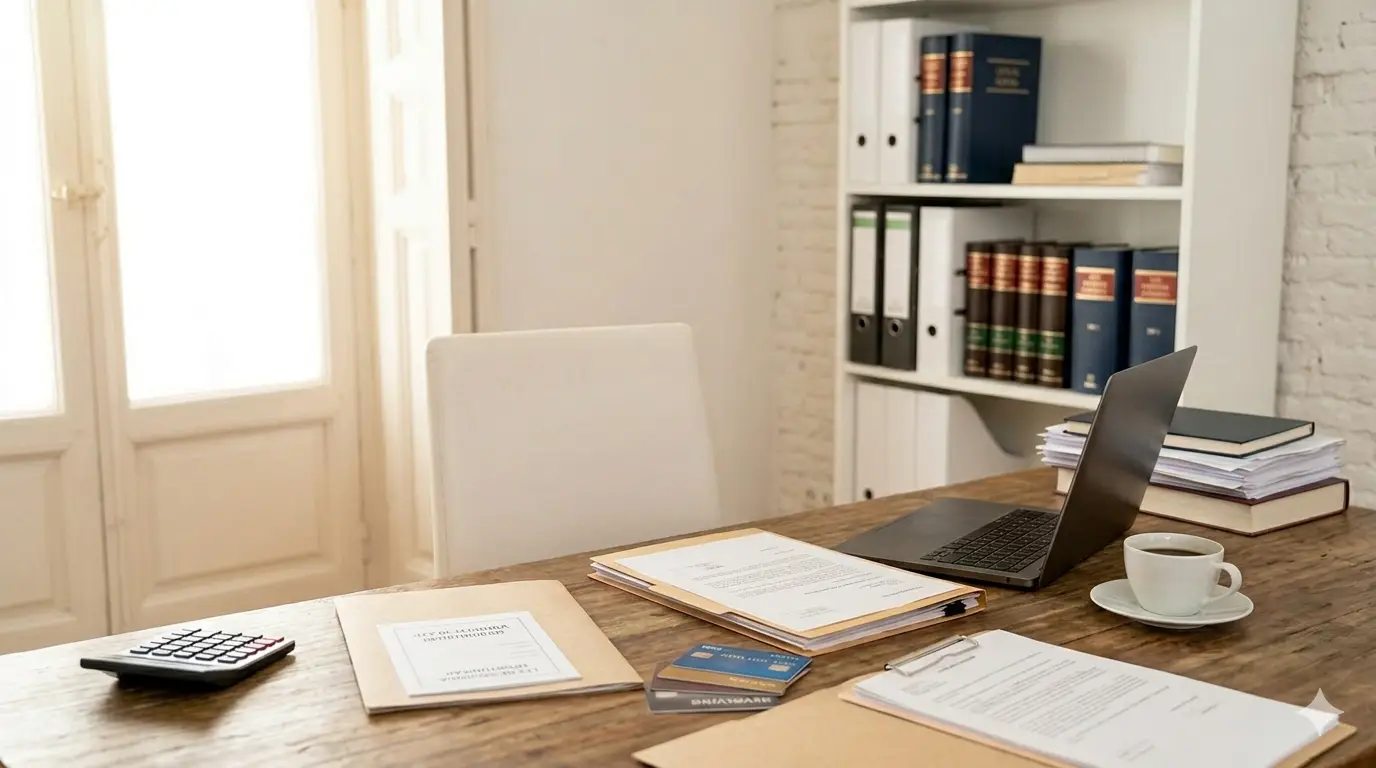 Escritorio de oficina con documentos legales, calculadora y tarjetas de crédito representando la cancelación de deudas.